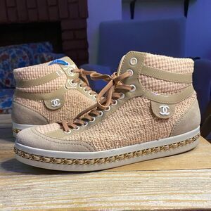 CHANEL Tweed High Top Sneakers Pink